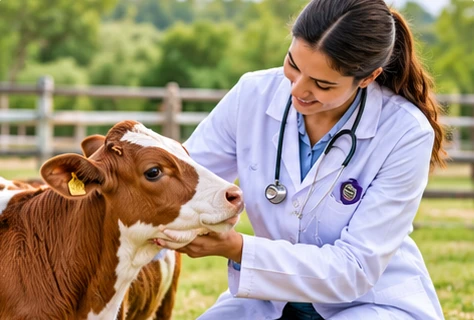 A veterinary professional examining a calf