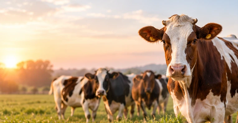 Cattle in a green pasture at golden hour