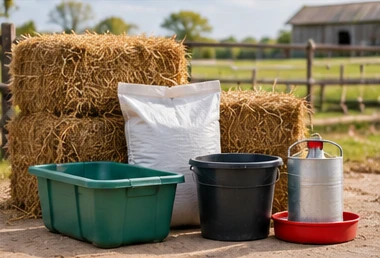 Feeding and watering equipment beside hay bales