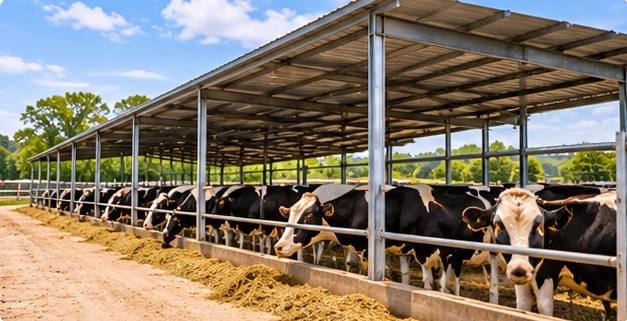 Cattle sheltered in an open farm building