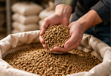 Livestock feed pellets held above a feed sack