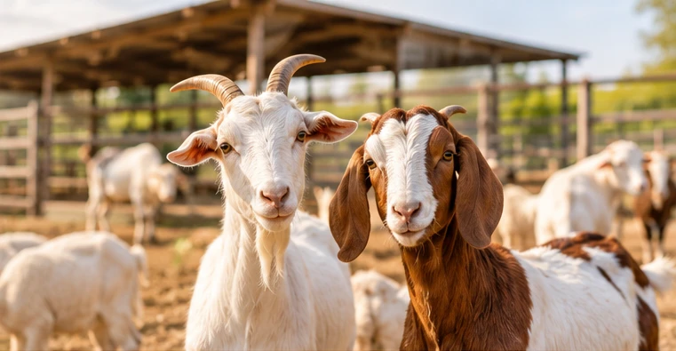 Two goats in a farm shelter
